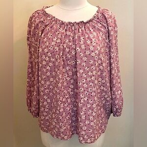 Sonoma Purple Cream Floral Print Smocked Neck Long Sleeve Cottagecore Top SZ XXL